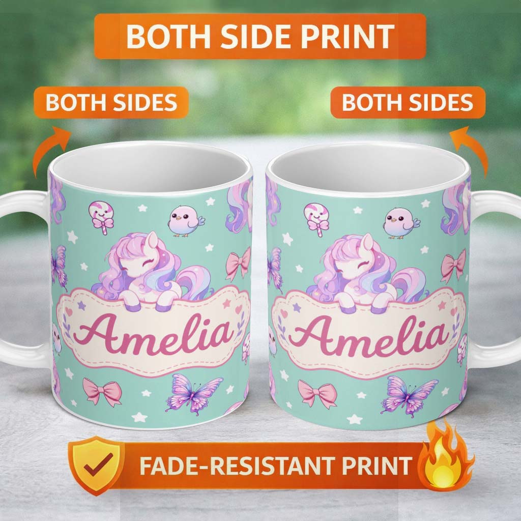 Personalized Custom Name Cute Pastel Unicorn Butterfly Candy Stars Mint Background Seamless 11oz Ceramic Coffee Tea Mug White Large Handle
