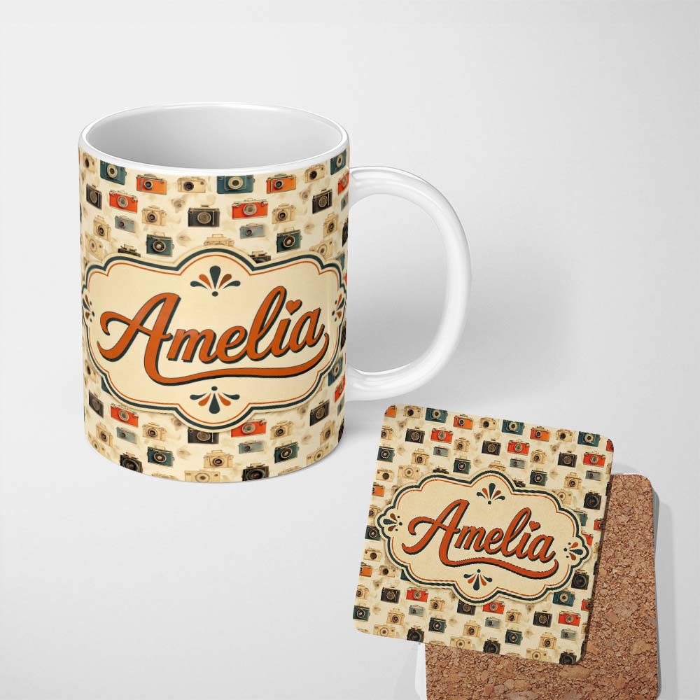 Personalized Custom Name Warm Vintage Camera Pattern with Wooden Texture Background Seamless 11oz Ceramic Coffee Tea Mug White Large Handle