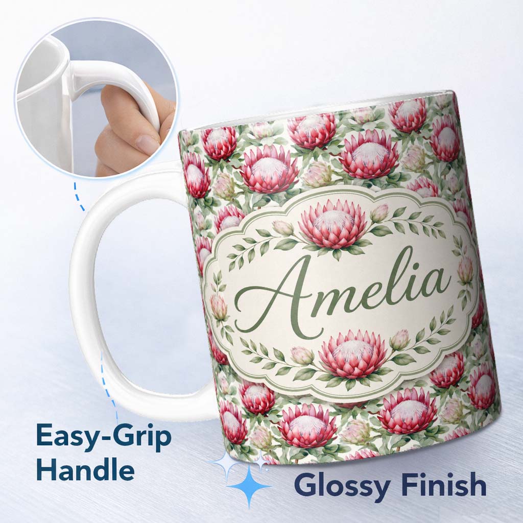 Personalized Custom Name Bold Red Protea Flowers and Foliage Seamless Pattern Lovely 11oz Ceramic Coffee Tea Mug White Large Handle