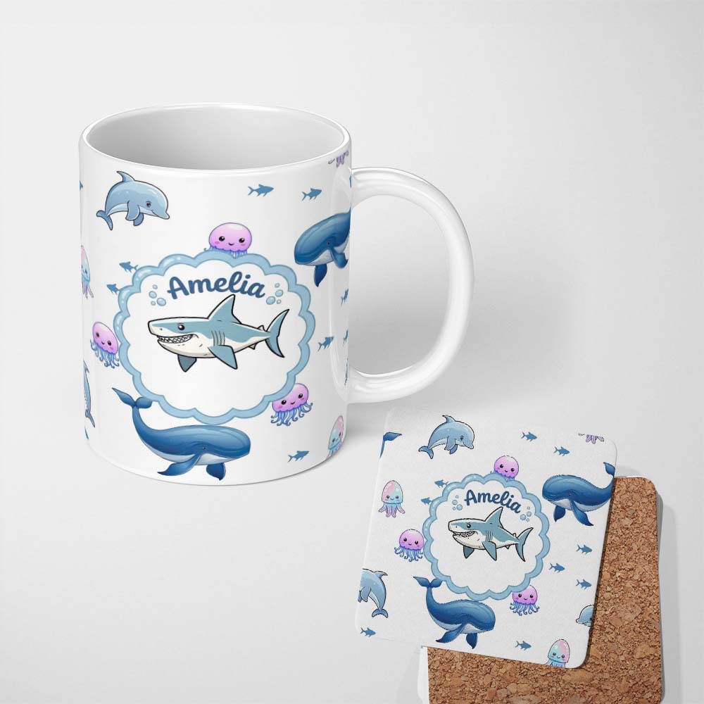 Personalized Custom Name Cute Dolphin Shark and Jellyfish Ocean Animals Light Grey Background 11oz Ceramic Coffee Tea Mug White Large Handle
