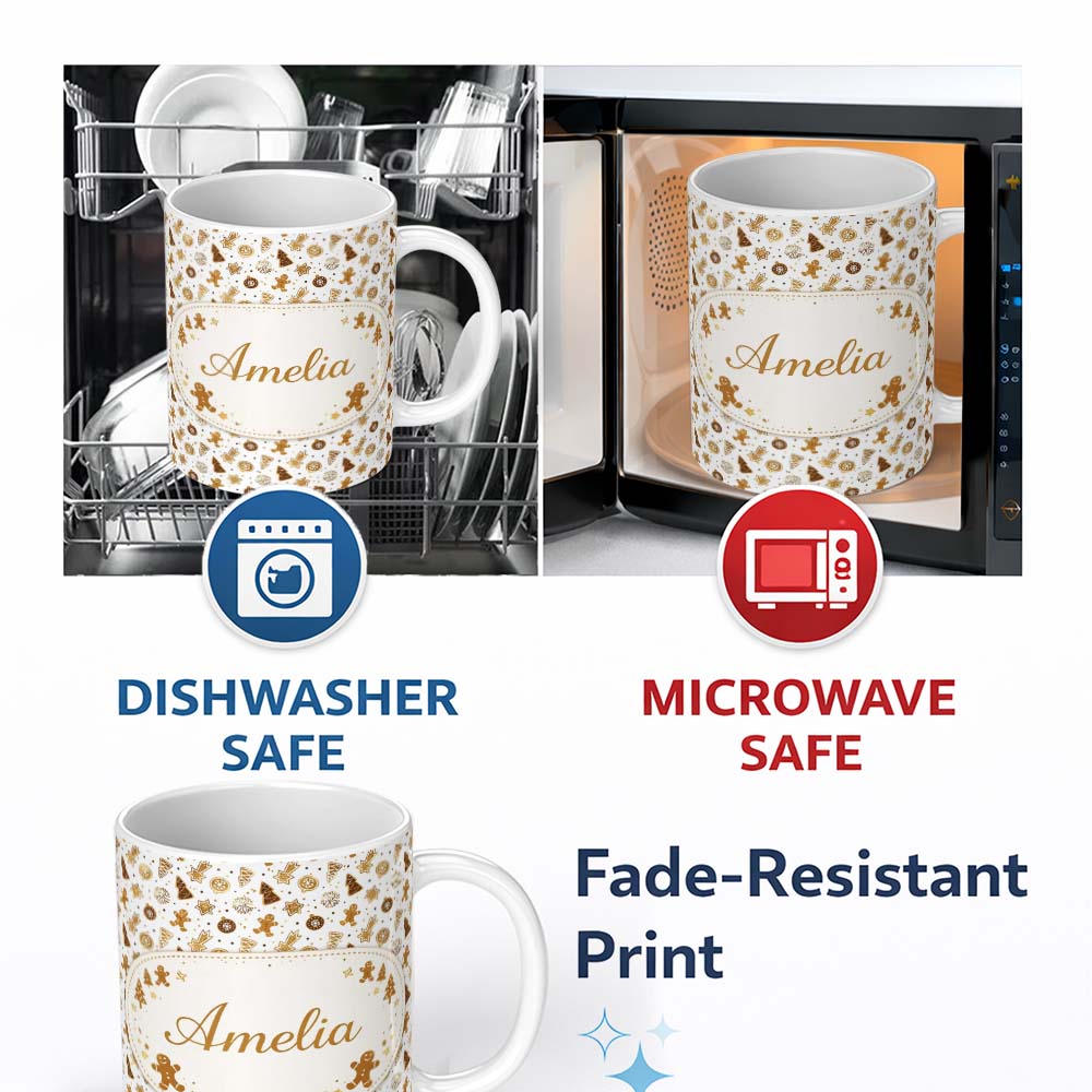 Personalized Custom Name Gingerbread Christmas Cookies Pattern White Background Seamless 11oz Ceramic Coffee Tea Mug White Large Handle