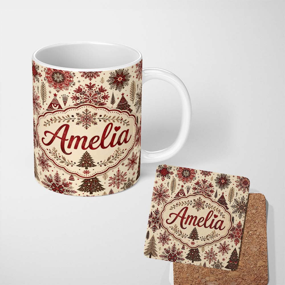 Personalized Custom Name Red Christmas Snowflake Tree Folk Art Winter Seamless Pattern Lovely 11oz Ceramic Coffee Tea Mug White Large Handle