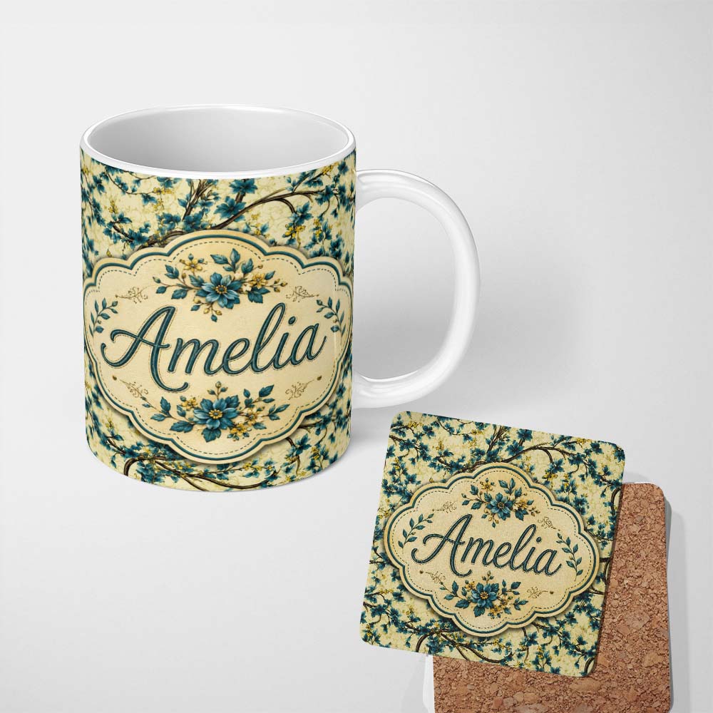 Personalized Custom Name Elegant Blue Floral Branches on Cream Background Seamless Pattern 11oz Ceramic Coffee Tea Mug White Large Handle