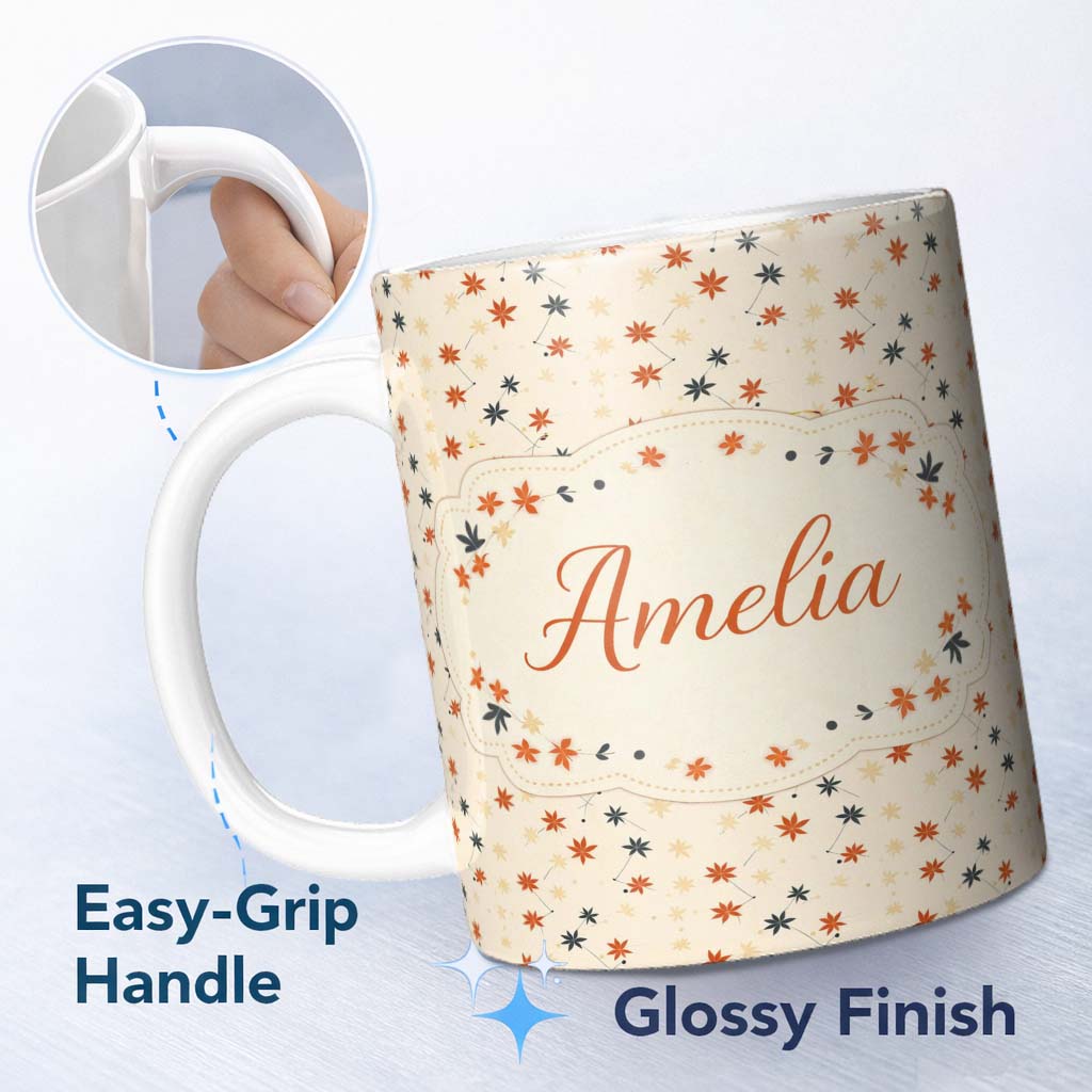 Personalized Custom Name Small Stylised Autumn Leaves in Red and Dark Teal on Beige Lovely 11oz Ceramic Coffee Tea Mug White Large Handle