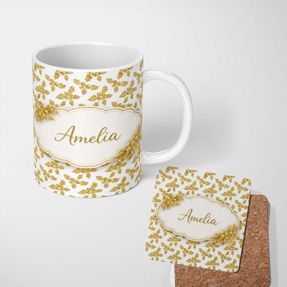 Personalized Custom Name Gold Glitter Holly Christmas Pattern Festive Seamless Design Lovely 11oz Ceramic Coffee Tea Mug White Large Handle