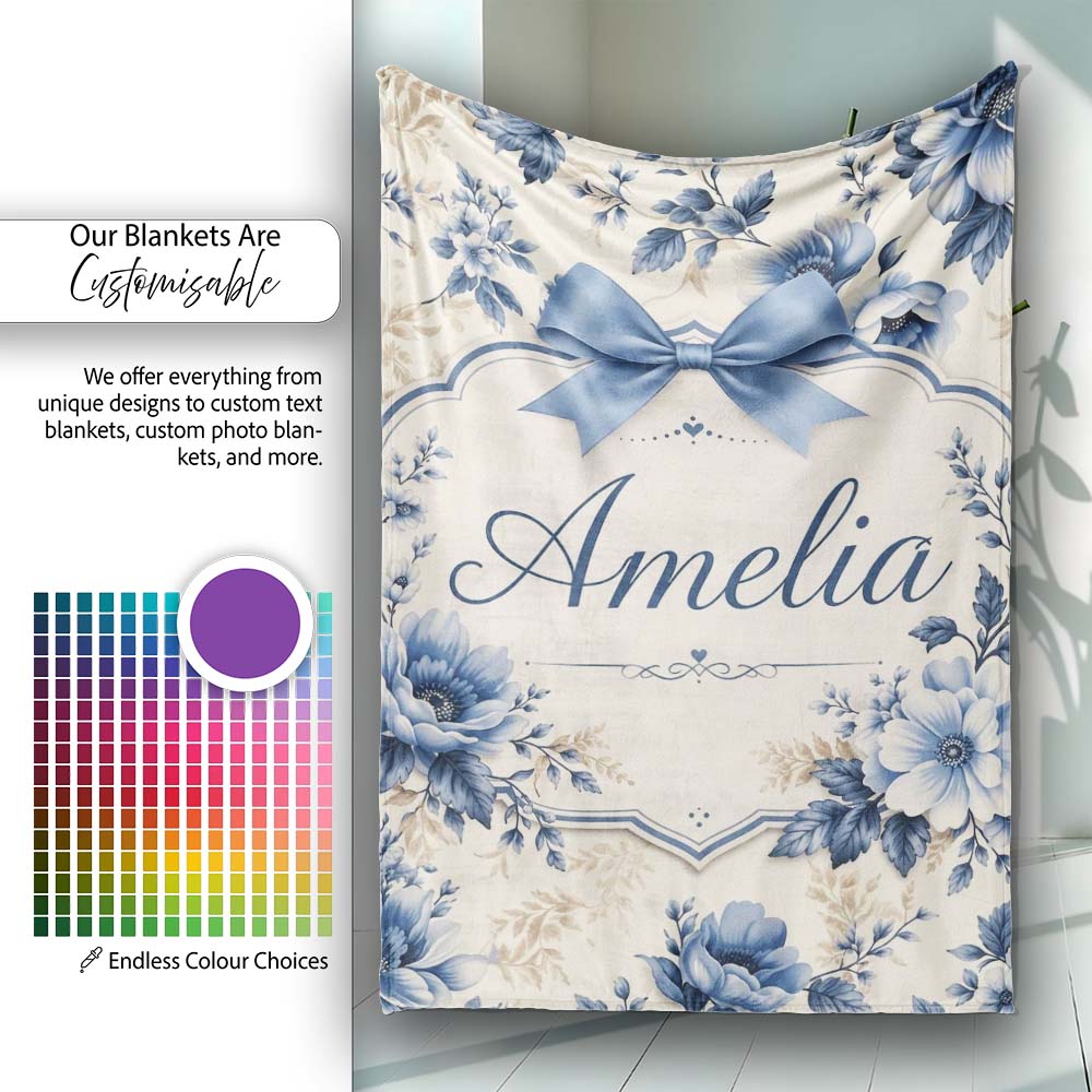 Classic Blue & Cream Floral Vintage Botanical Pattern Lovely Personalised Custom Name Super Soft Fleece Blanket Bed Sofa Throw