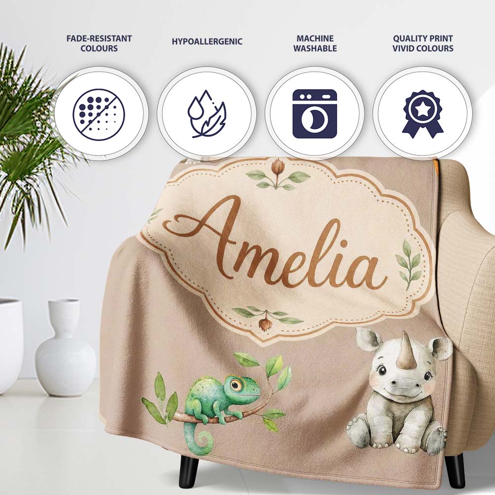 Safari Animals with Elephant Lion and Crocodile on Warm Beige Lovely Personalised Custom Name Super Soft Fleece Blanket Bed Sofa Throw