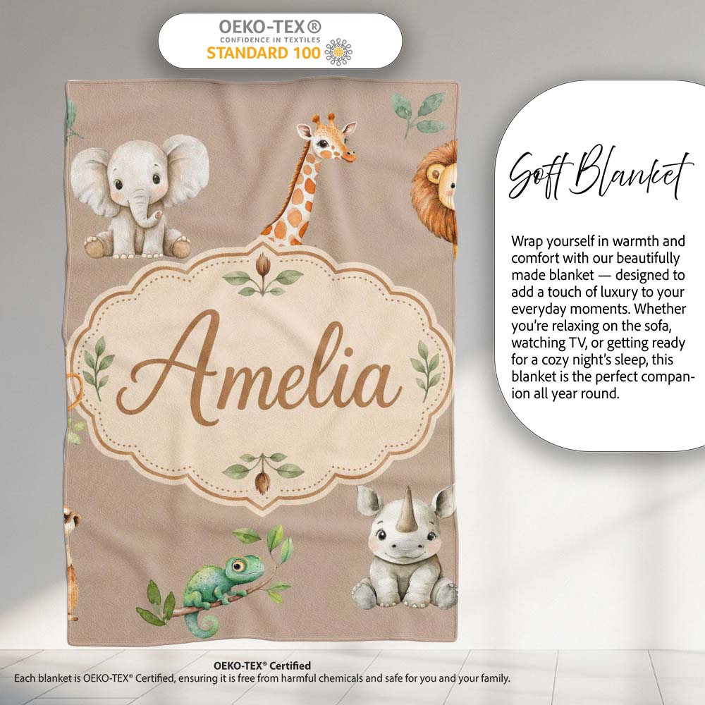 Safari Animals with Elephant Lion and Crocodile on Warm Beige Lovely Personalised Custom Name Super Soft Fleece Blanket Bed Sofa Throw