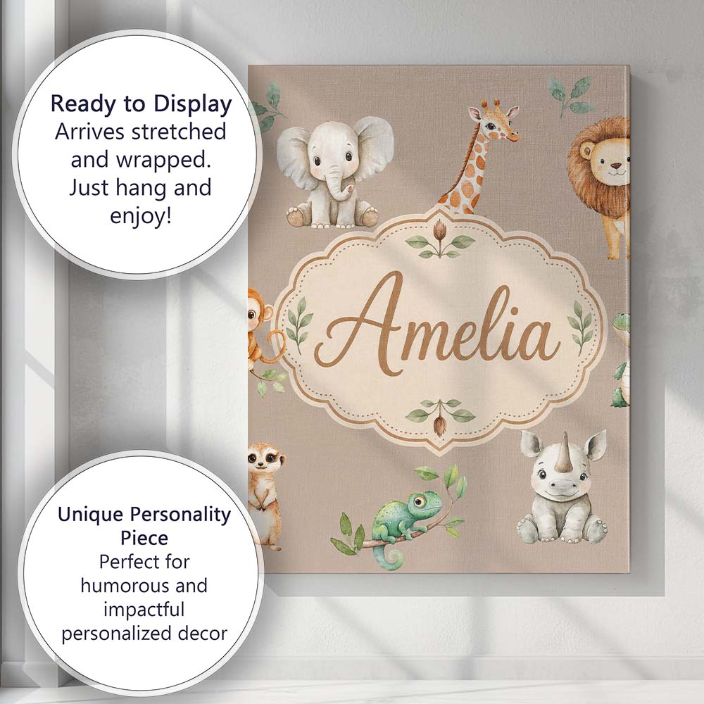 Personalised Name Safari Animals with Custom Modern Room Accent Creative Decorator Style Canvas Wall Art Print Decor Picture Ready to Hang