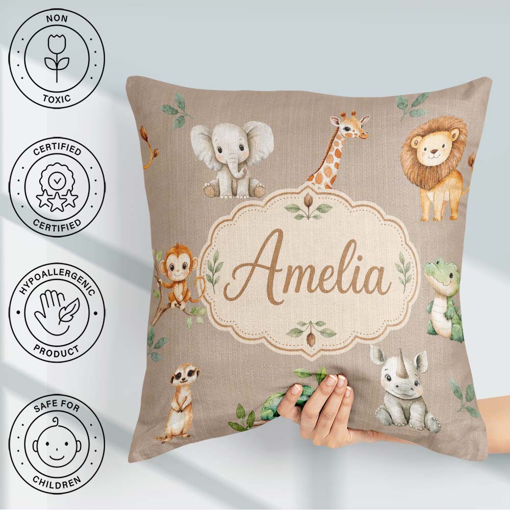Custom Name Safari Animals with Lion and Crocodile on Warm Beige Square Filled Cushion Throw Pillow Sofa Bed Home Decor Zip Washable UK Made