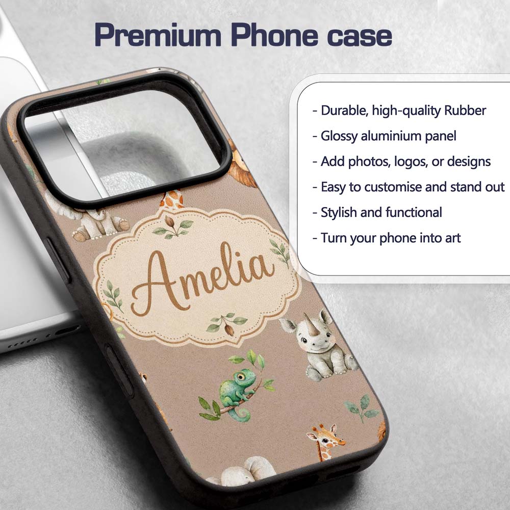 Safari Animals with Elephant Lion and Crocodile Custom Name Protective Phone Case Mobile Cover Durable Everyday Smartphone Shock Resistant