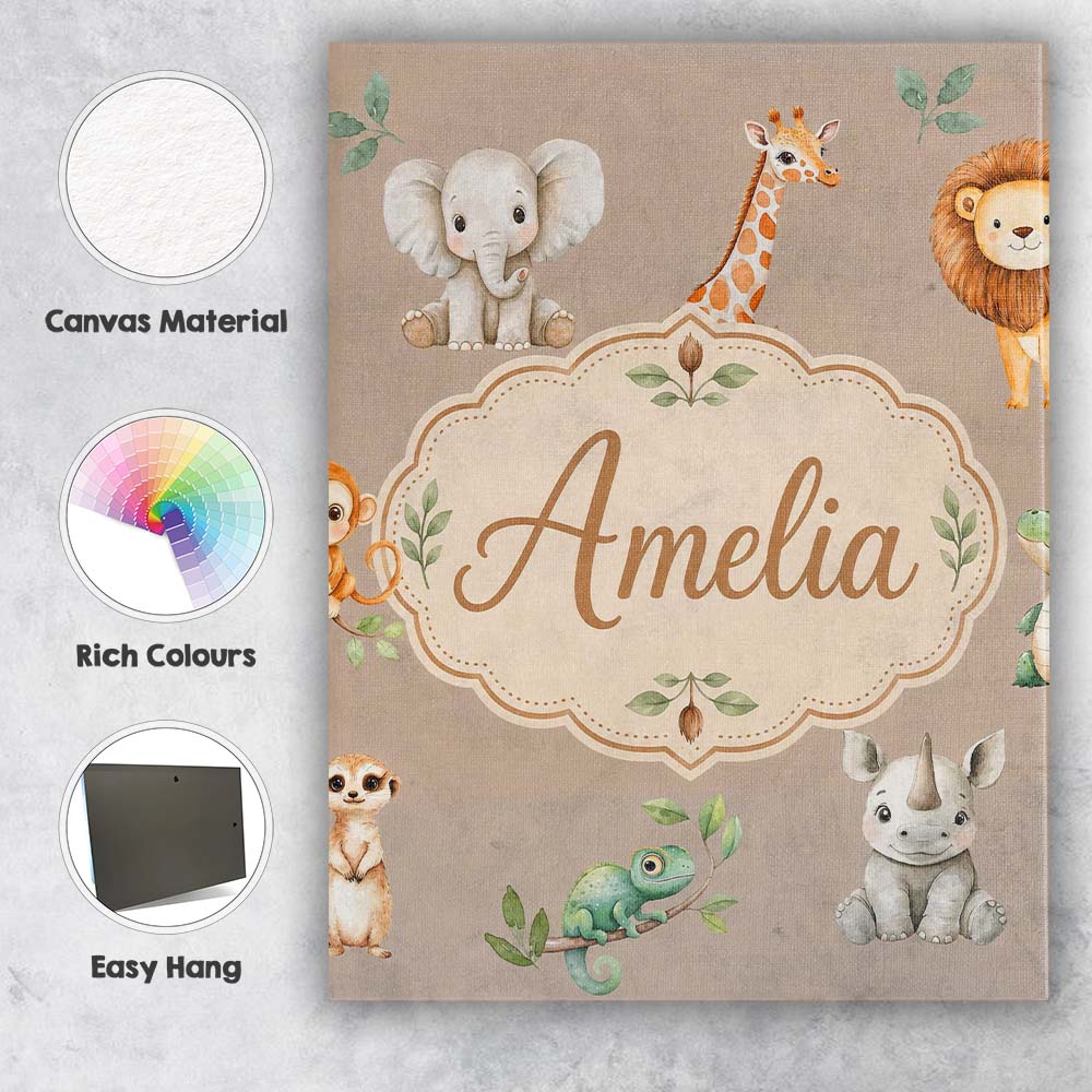 Personalised Name Safari Animals with Custom Modern Room Accent Creative Decorator Style Canvas Wall Art Print Decor Picture Ready to Hang