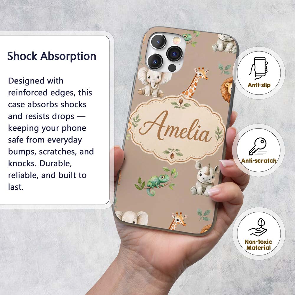 Safari Animals with Elephant Lion and Crocodile Custom Name Protective Phone Case Mobile Cover Durable Everyday Smartphone Shock Resistant