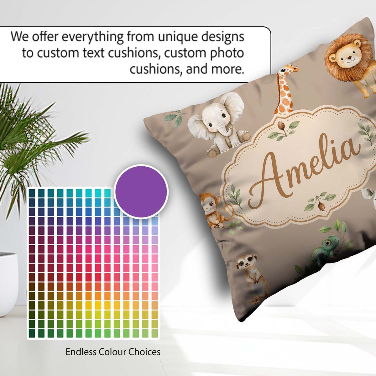 Custom Name Safari Animals with Lion and Crocodile on Warm Beige Square Filled Cushion Throw Pillow Sofa Bed Home Decor Zip Washable UK Made