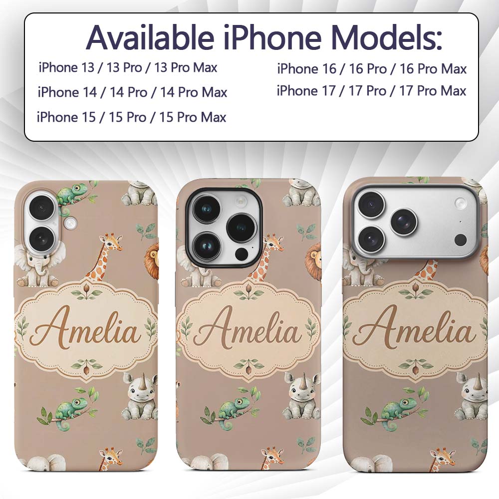 Safari Animals with Elephant Lion and Crocodile Custom Name Protective Phone Case Mobile Cover Durable Everyday Smartphone Shock Resistant