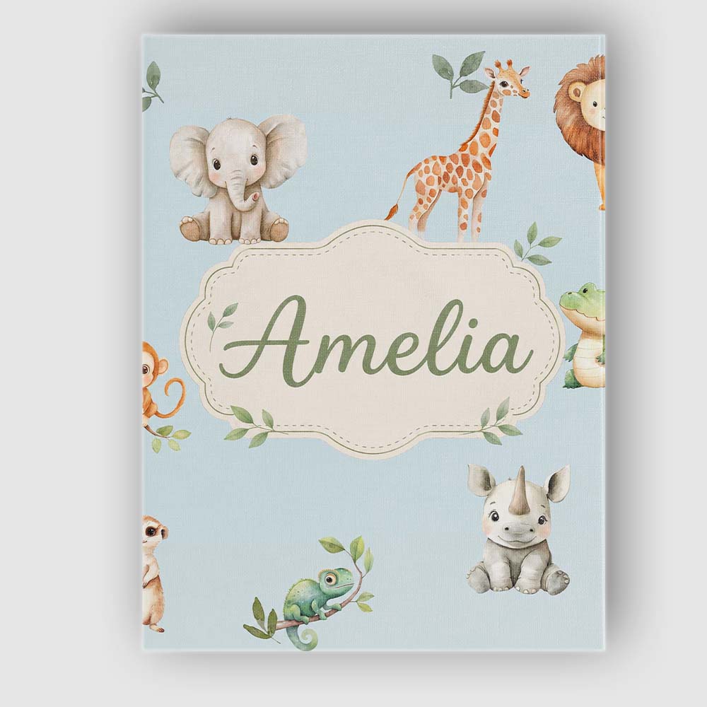 Personalised Name Safari Animals with Custom Modern Room Accent Creative Decorator Style Canvas Wall Art Print Decor Picture Ready to Hang
