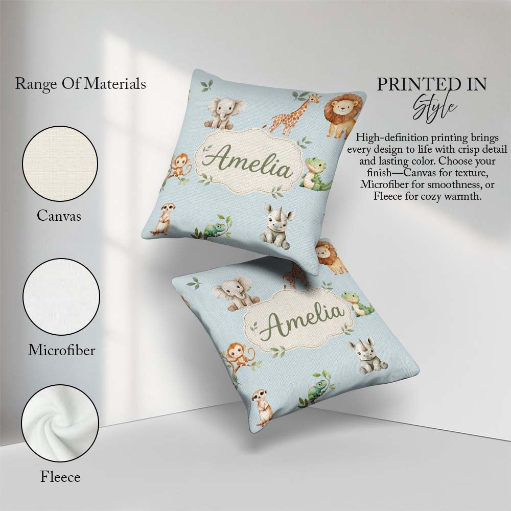 Custom Name Safari with Elephant Lion and Crocodile on Soft Blue Square Filled Cushion Throw Pillow Sofa Bed Home Decor Zip Washable UK Made