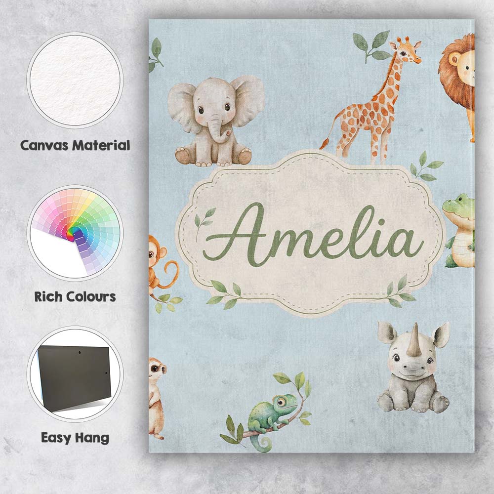 Personalised Name Safari Animals with Custom Modern Room Accent Creative Decorator Style Canvas Wall Art Print Decor Picture Ready to Hang