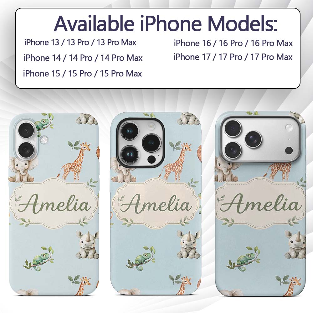 Safari Animals with Elephant Lion and Crocodile Custom Name Protective Phone Case Mobile Cover Durable Everyday Smartphone Shock Resistant
