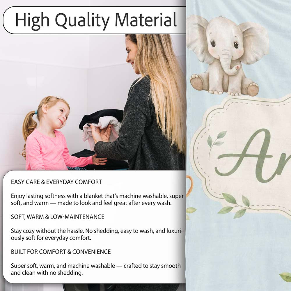 Safari Animals with Elephant Lion and Crocodile on Soft Blue Lovely Personalised Custom Name Super Soft Fleece Blanket Bed Sofa Throw