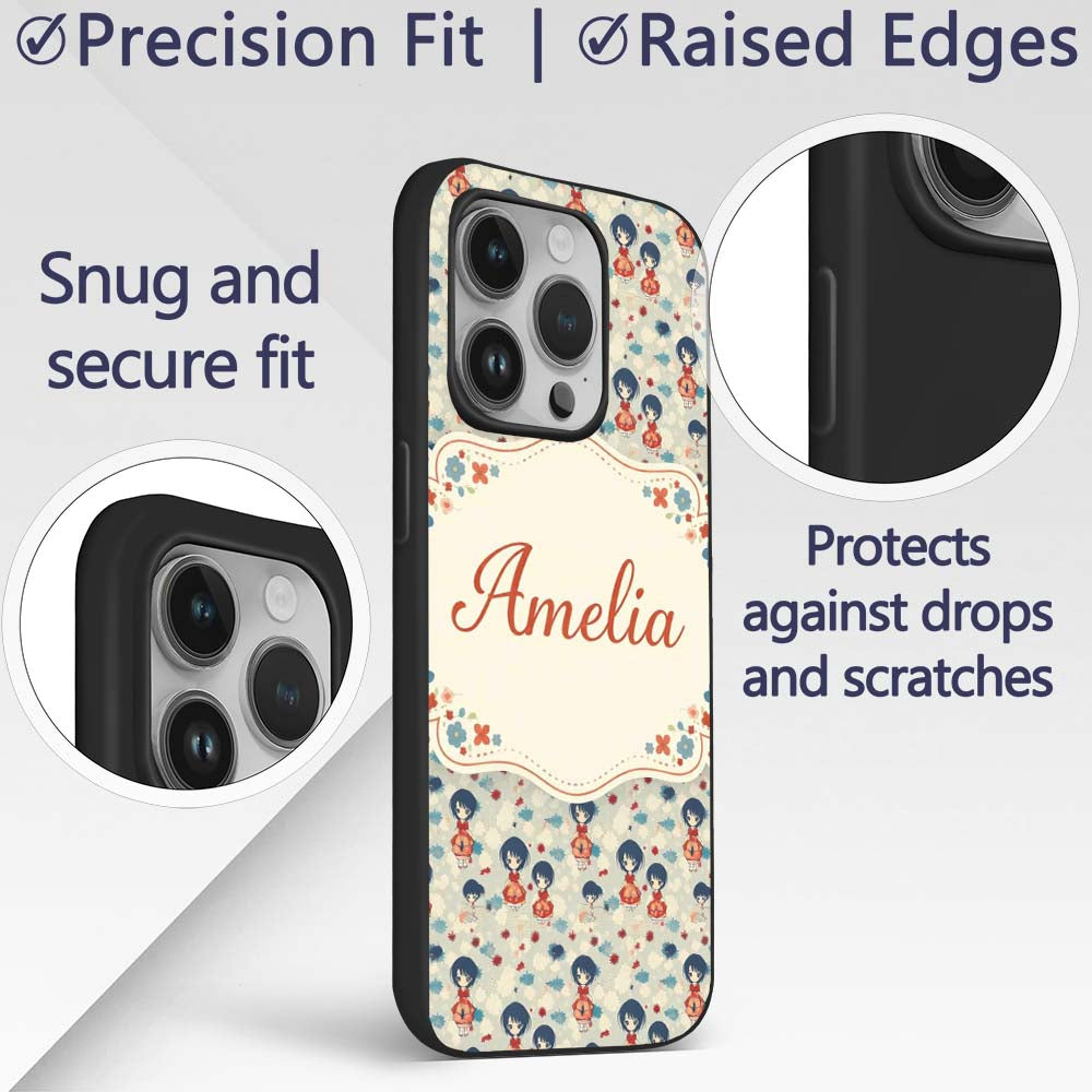 Japanese Doll Red Kimono Floral Printed Design Custom Name Protective Phone Case Mobile Cover Durable Everyday Smartphone Shock Resistant