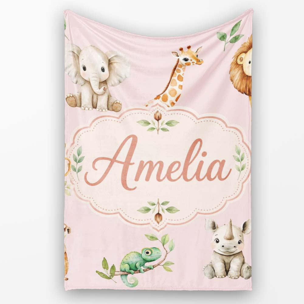 Safari Animals with Elephant Lion and Crocodile on Blush Pink Lovely Personalised Custom Name Super Soft Fleece Blanket Bed Sofa Throw
