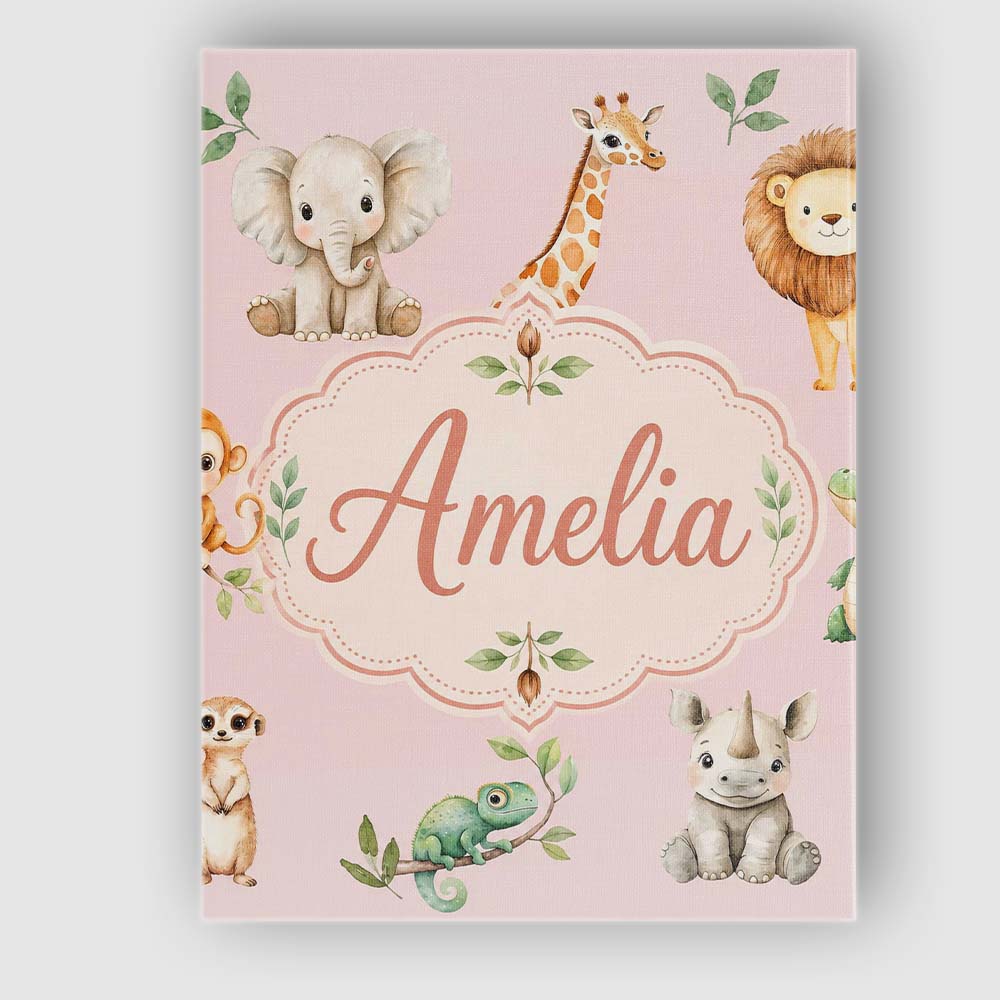 Personalised Name Safari Animals with Custom Modern Room Accent Creative Decorator Style Canvas Wall Art Print Decor Picture Ready to Hang