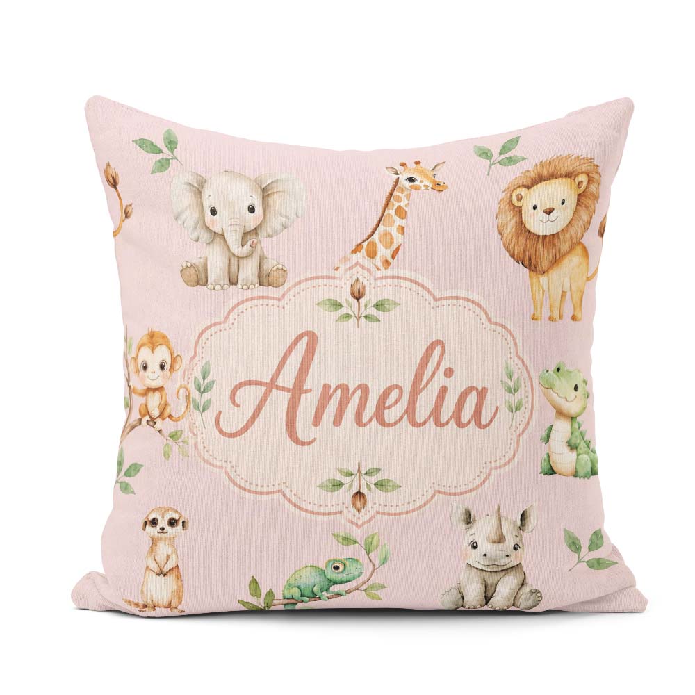 Custom Name Safari Animals with Lion and Crocodile on Blush Pink Square Filled Cushion Throw Pillow Sofa Bed Home Decor Zip Washable UK Made