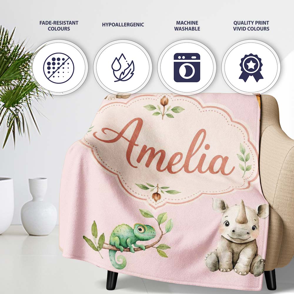 Safari Animals with Elephant Lion and Crocodile on Blush Pink Lovely Personalised Custom Name Super Soft Fleece Blanket Bed Sofa Throw