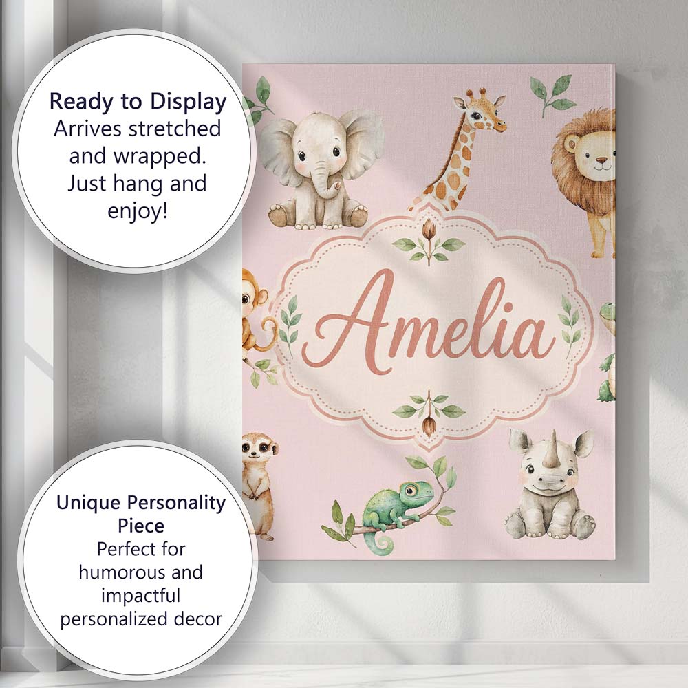 Personalised Name Safari Animals with Custom Modern Room Accent Creative Decorator Style Canvas Wall Art Print Decor Picture Ready to Hang