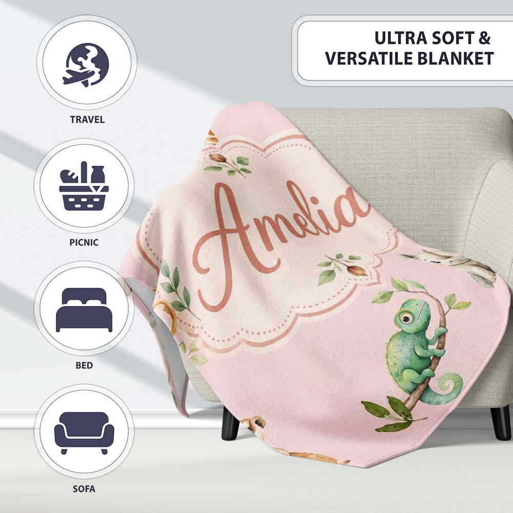 Safari Animals with Elephant Lion and Crocodile on Blush Pink Lovely Personalised Custom Name Super Soft Fleece Blanket Bed Sofa Throw