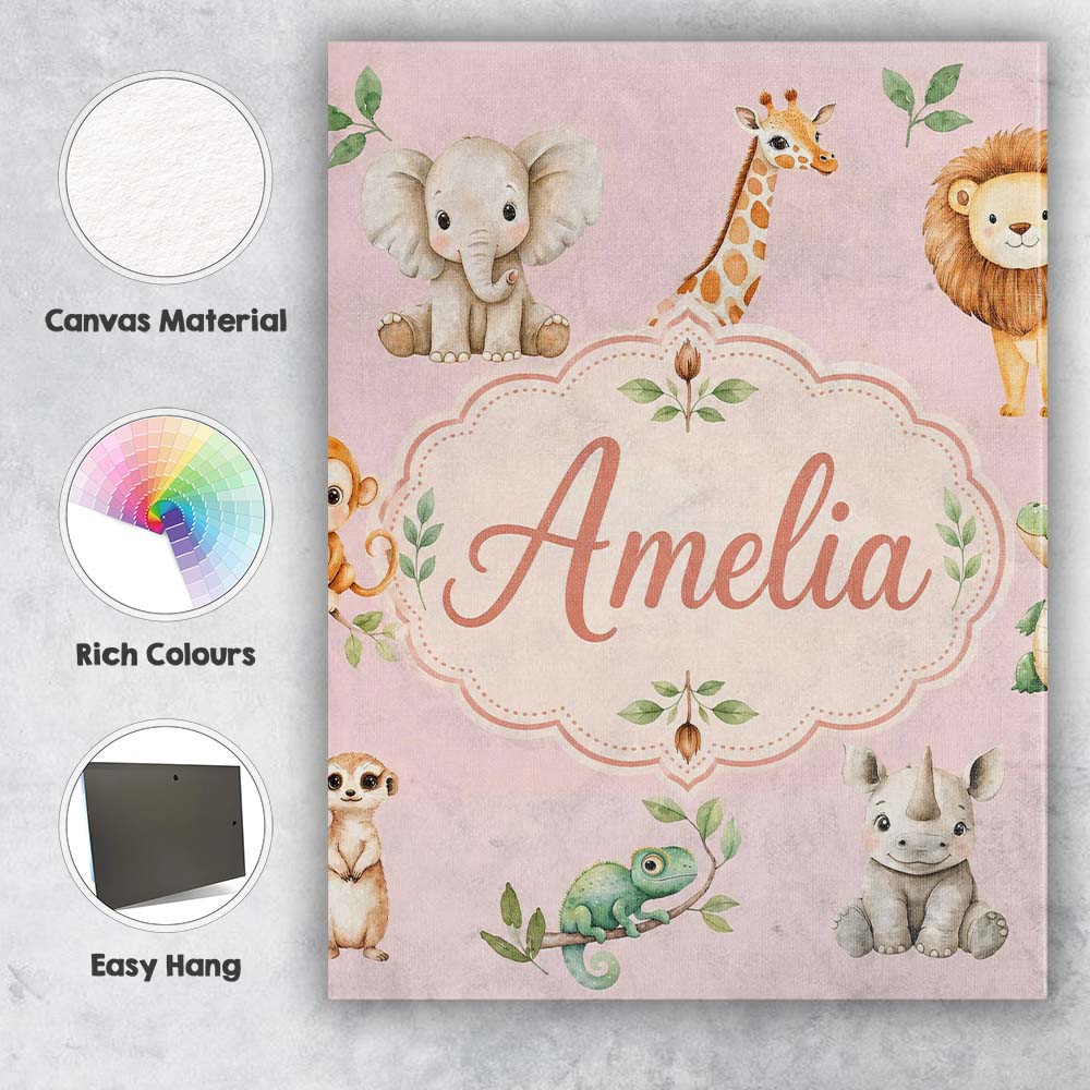 Personalised Name Safari Animals with Custom Modern Room Accent Creative Decorator Style Canvas Wall Art Print Decor Picture Ready to Hang