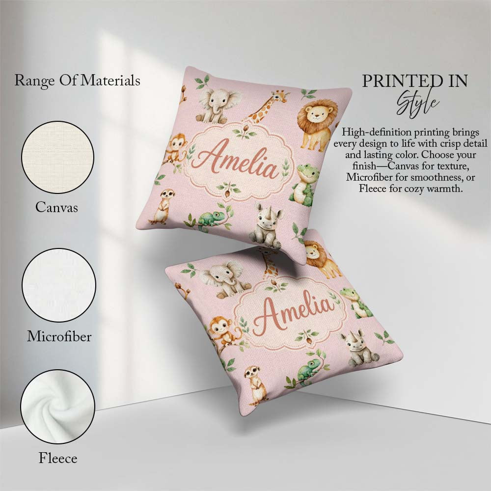 Custom Name Safari Animals with Lion and Crocodile on Blush Pink Square Filled Cushion Throw Pillow Sofa Bed Home Decor Zip Washable UK Made