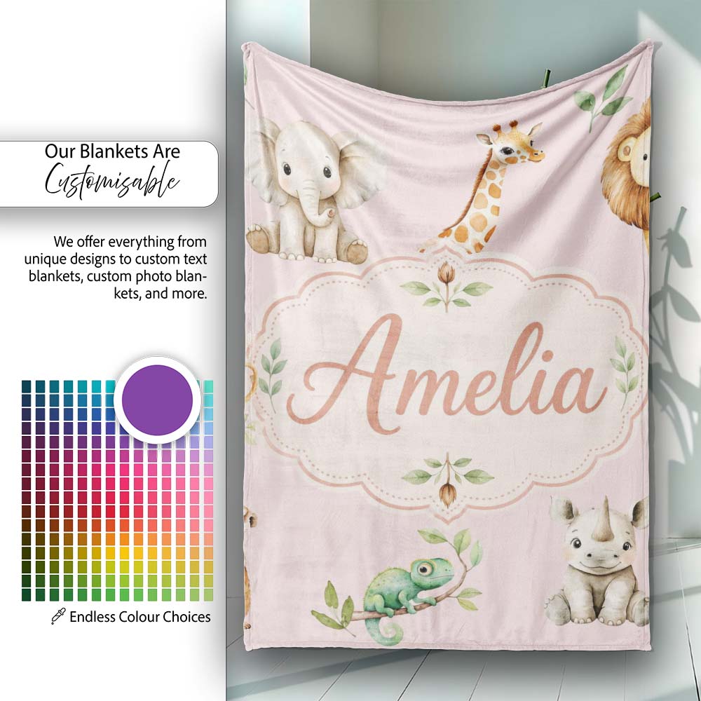 Safari Animals with Elephant Lion and Crocodile on Blush Pink Lovely Personalised Custom Name Super Soft Fleece Blanket Bed Sofa Throw