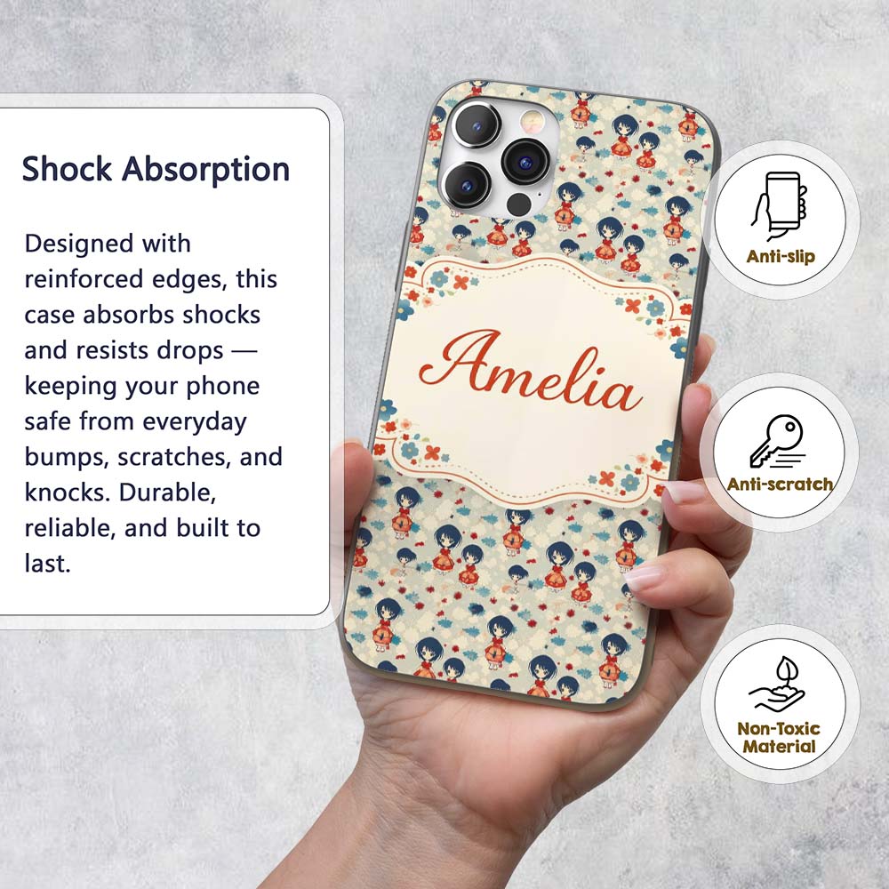 Japanese Doll Red Kimono Floral Printed Design Custom Name Protective Phone Case Mobile Cover Durable Everyday Smartphone Shock Resistant