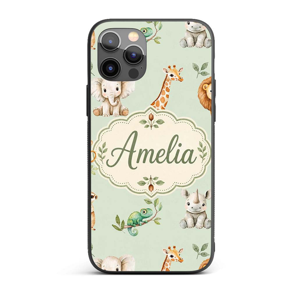 Safari Animals with Elephant Lion and Crocodile Custom Name Protective Phone Case Mobile Cover Durable Everyday Smartphone Shock Resistant