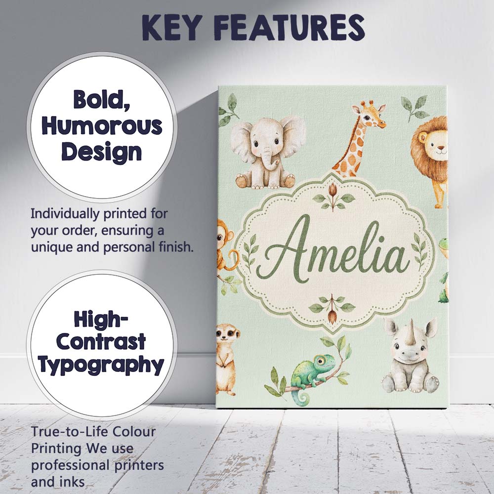 Personalised Name Safari Animals with Custom Modern Room Accent Creative Decorator Style Canvas Wall Art Print Decor Picture Ready to Hang