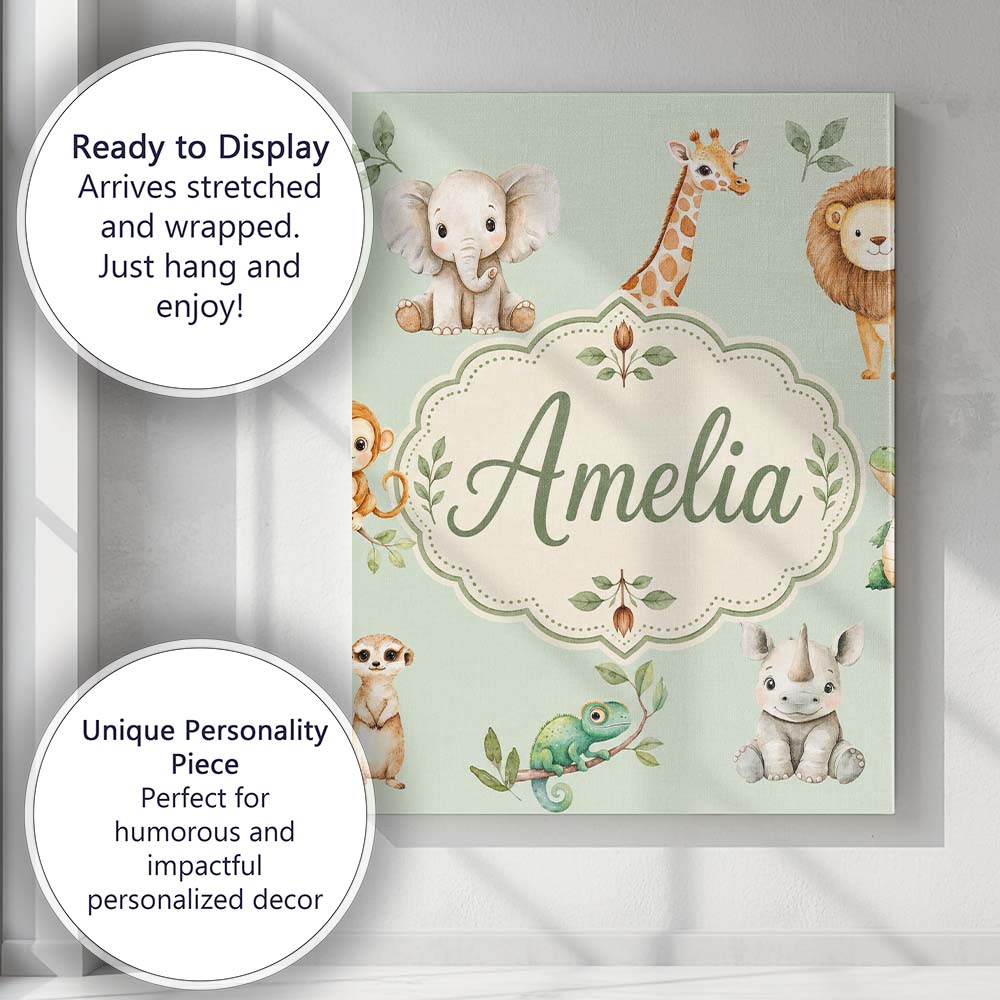 Personalised Name Safari Animals with Custom Modern Room Accent Creative Decorator Style Canvas Wall Art Print Decor Picture Ready to Hang