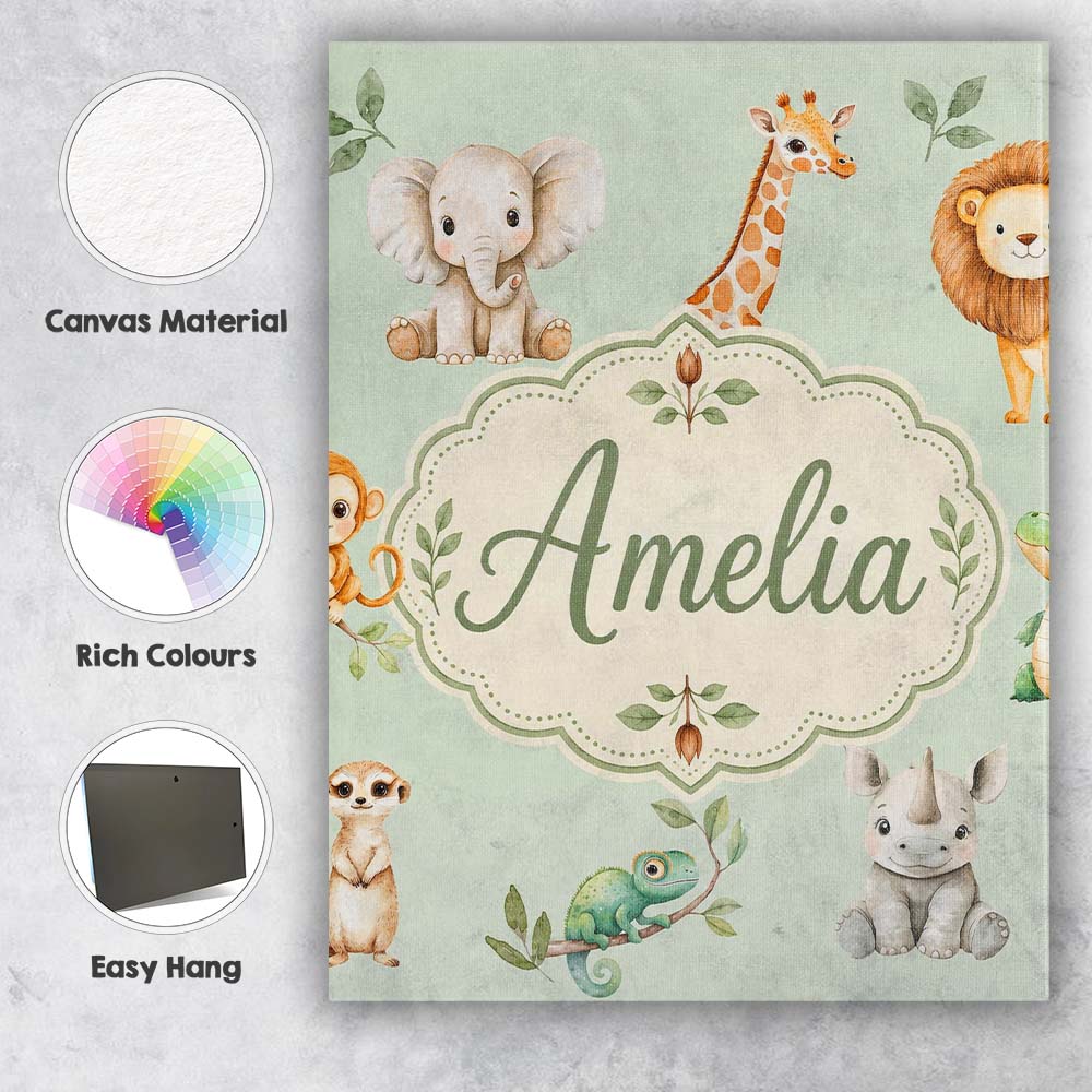 Personalised Name Safari Animals with Custom Modern Room Accent Creative Decorator Style Canvas Wall Art Print Decor Picture Ready to Hang