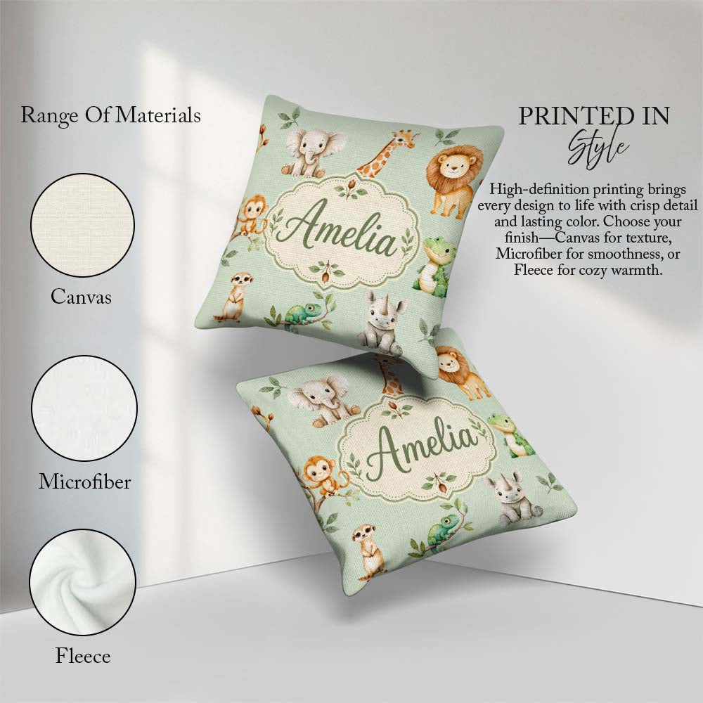 Custom Name Safari Animals with Lion and Crocodile on Sage Green Square Filled Cushion Throw Pillow Sofa Bed Home Decor Zip Washable UK Made