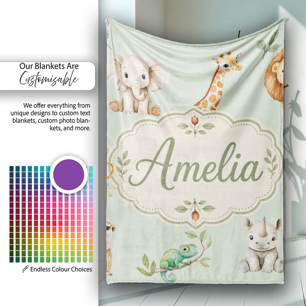 Safari Animals with Elephant Lion and Crocodile on Sage Green Lovely Personalised Custom Name Super Soft Fleece Blanket Bed Sofa Throw