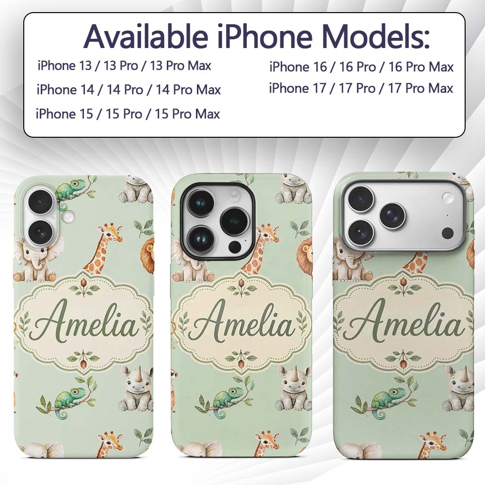 Safari Animals with Elephant Lion and Crocodile Custom Name Protective Phone Case Mobile Cover Durable Everyday Smartphone Shock Resistant
