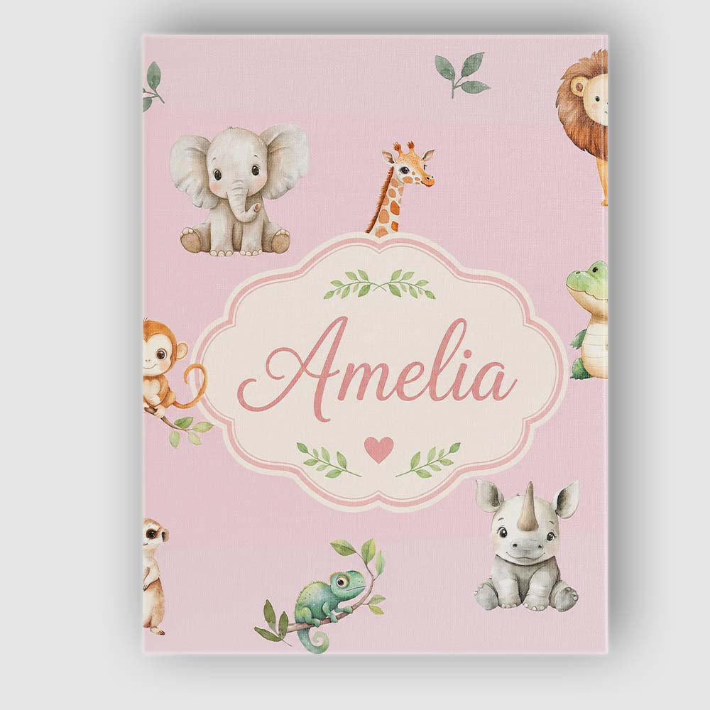 Personalised Name Safari Animals with Custom Modern Room Accent Creative Decorator Style Canvas Wall Art Print Decor Picture Ready to Hang