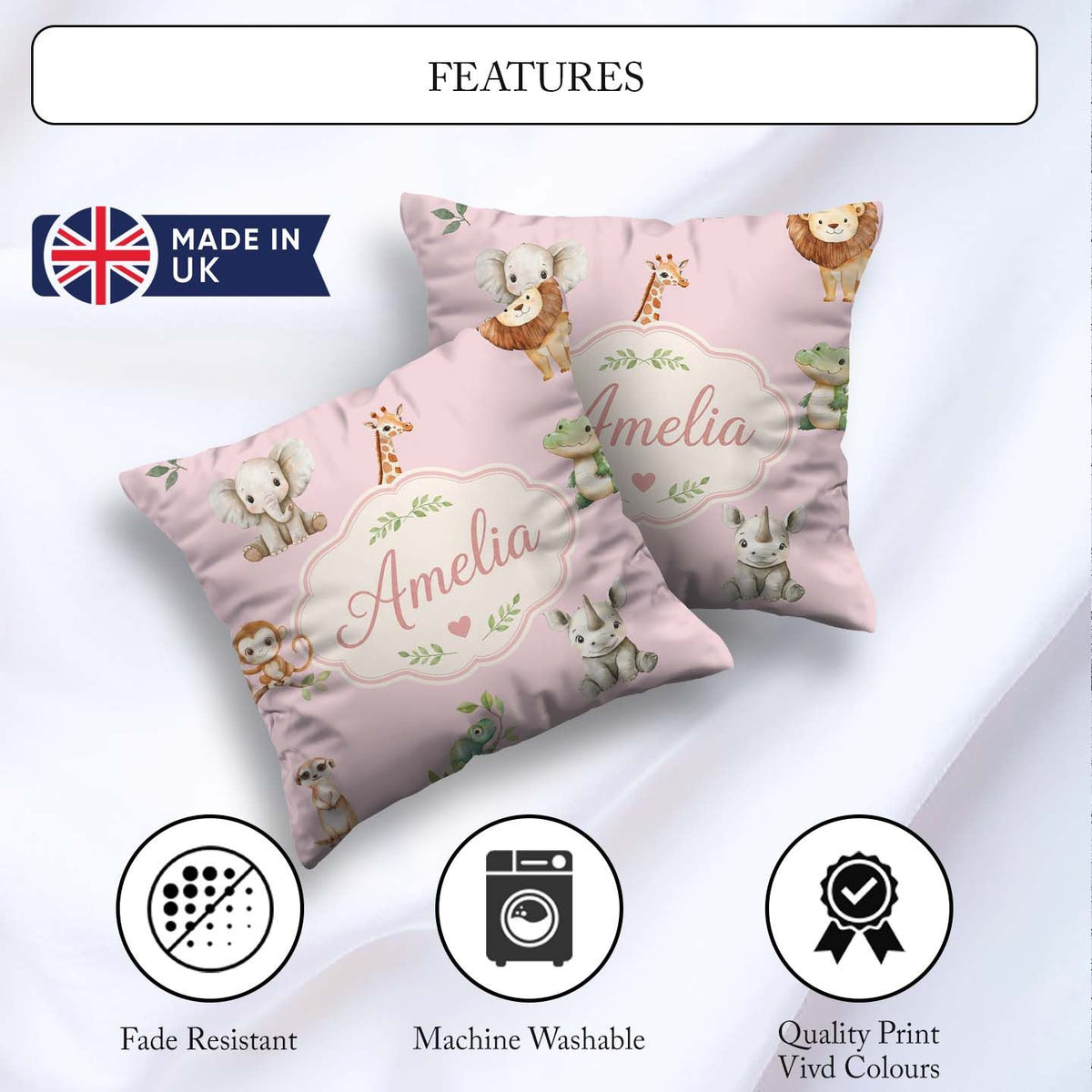 Custom Name Safari with Elephant Lion and Crocodile on Soft Pink Square Filled Cushion Throw Pillow Sofa Bed Home Decor Zip Washable UK Made
