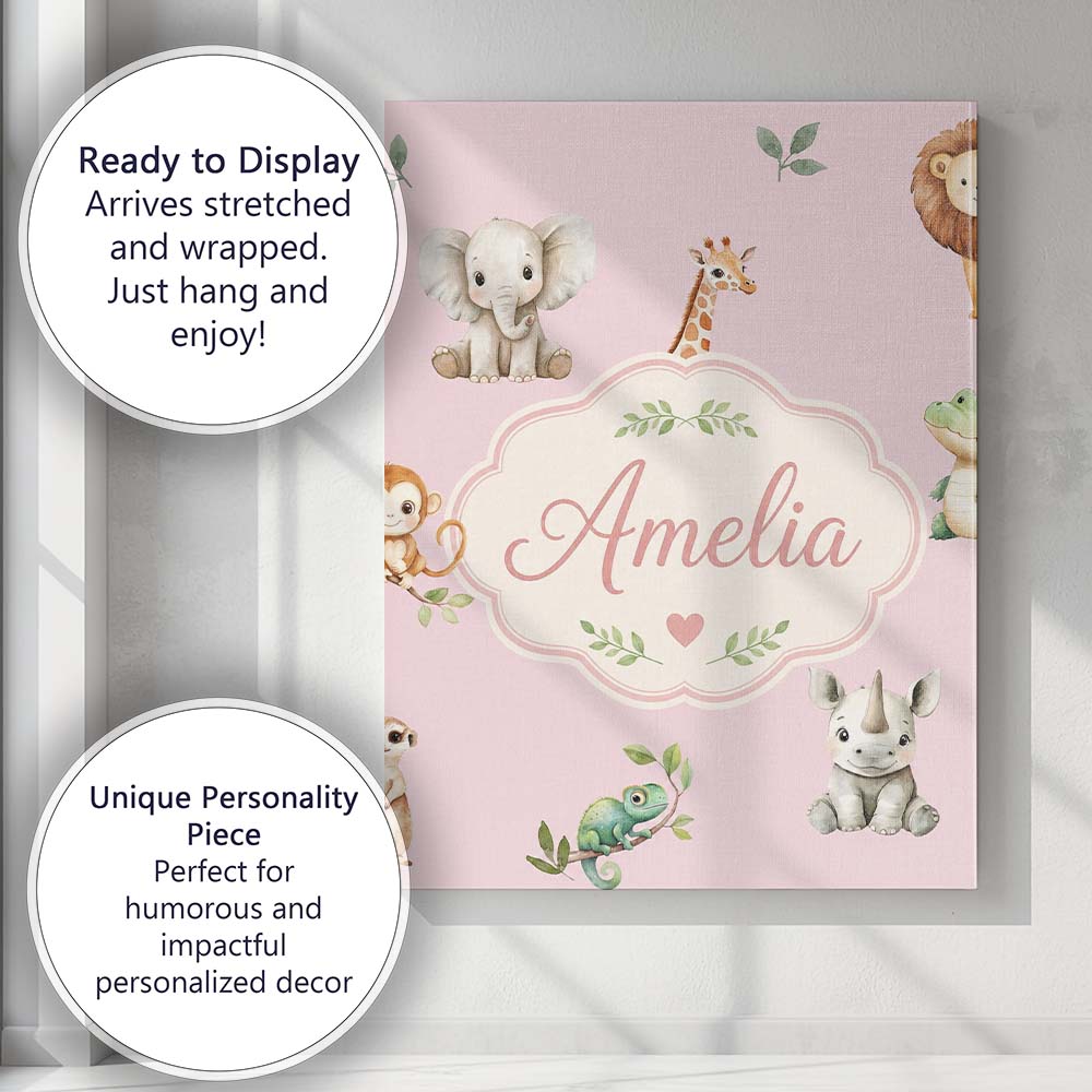 Personalised Name Safari Animals with Custom Modern Room Accent Creative Decorator Style Canvas Wall Art Print Decor Picture Ready to Hang