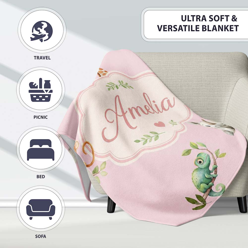 Safari Animals with Elephant Lion and Crocodile on Soft Pink Lovely Personalised Custom Name Super Soft Fleece Blanket Bed Sofa Throw