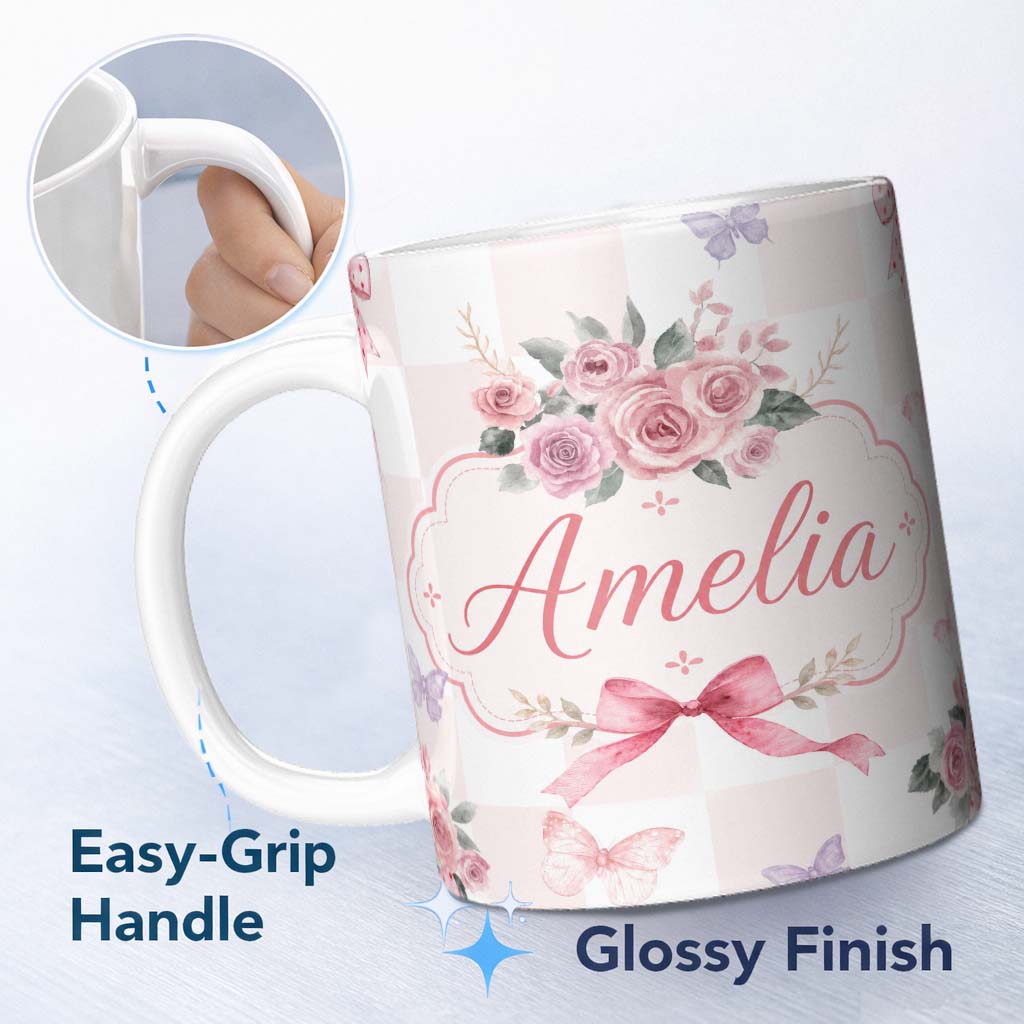 Personalized Custom Name Elegant Watercolor Rose Bouquet Ribbon Butterfly Pastel Check Lovely 11oz Ceramic Coffee Tea Mug White Large Handle