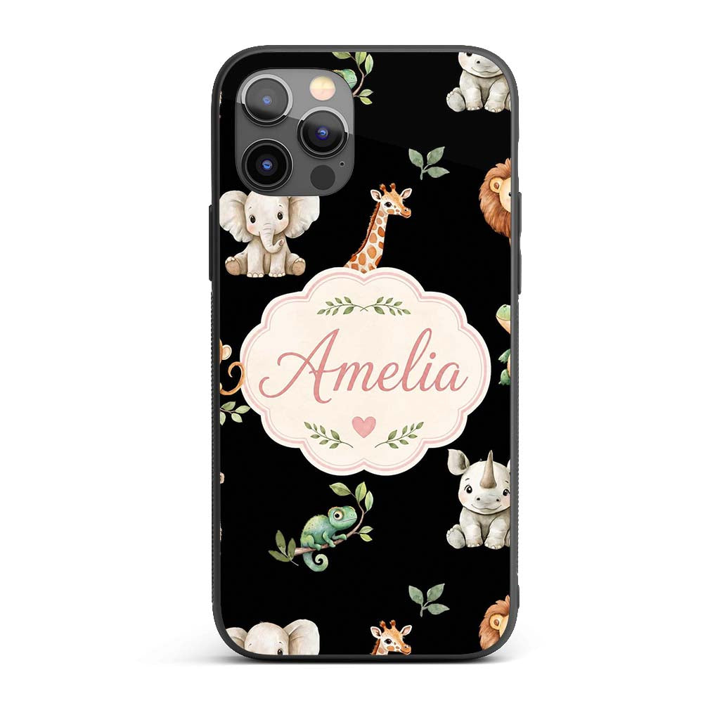 Safari Animals with Elephant Lion and Crocodile Custom Name Protective Phone Case Mobile Cover Durable Everyday Smartphone Shock Resistant