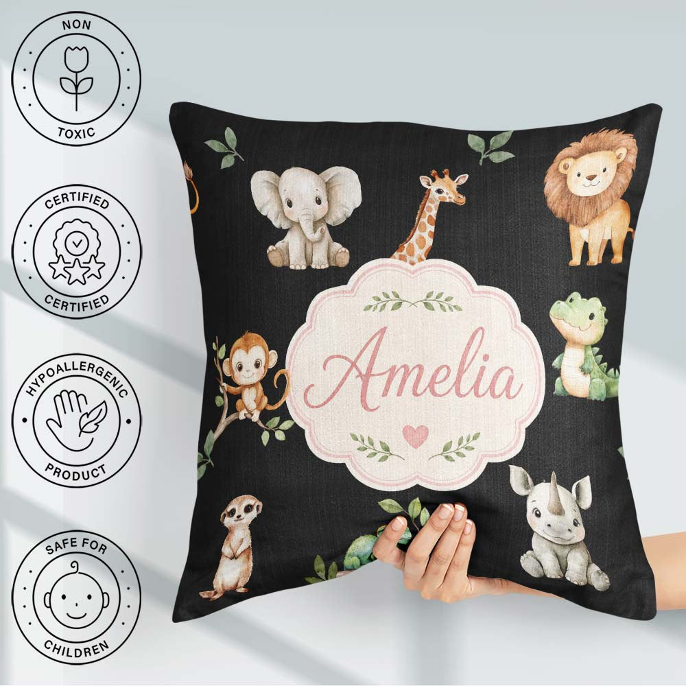 Custom Name Safari Animals with Lion and Crocodile on Light Grey Square Filled Cushion Throw Pillow Sofa Bed Home Decor Zip Washable UK Made