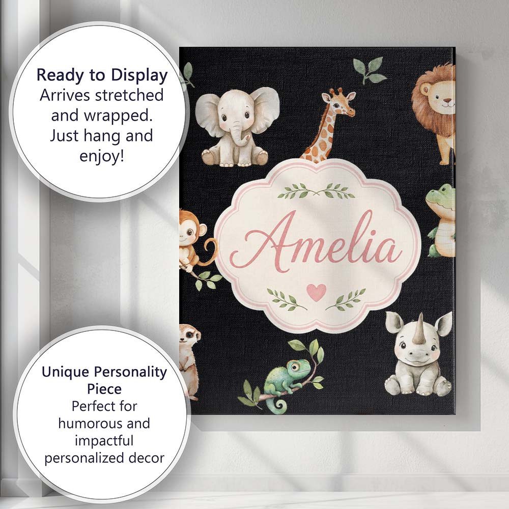 Personalised Name Safari Animals with Custom Modern Room Accent Creative Decorator Style Canvas Wall Art Print Decor Picture Ready to Hang